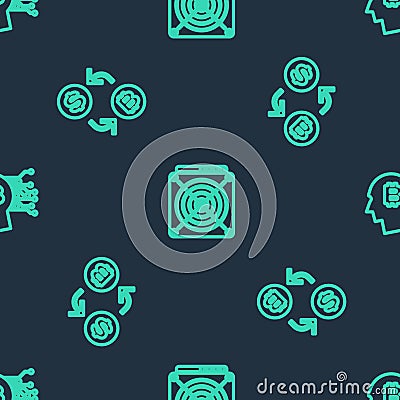 Set line ASIC Miner, Cryptocurrency exchange and Bitcoin think on seamless pattern. Vector Stock Photo