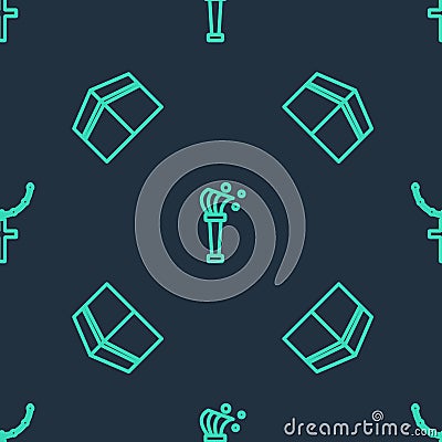Set line Aspergillum, Kaaba mosque and Christian cross on chain on seamless pattern. Vector Vector Illustration
