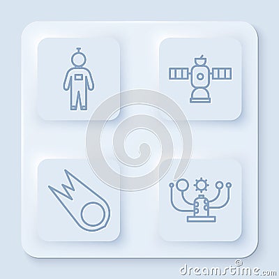 Set line Astronaut, Satellite, Comet falling down fast and Solar system. White square button. Vector Vector Illustration