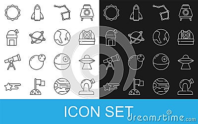 Set line Astronomical observatory, UFO flying spaceship, Great Bear constellation, Satellites orbiting the planet, Sun Vector Illustration