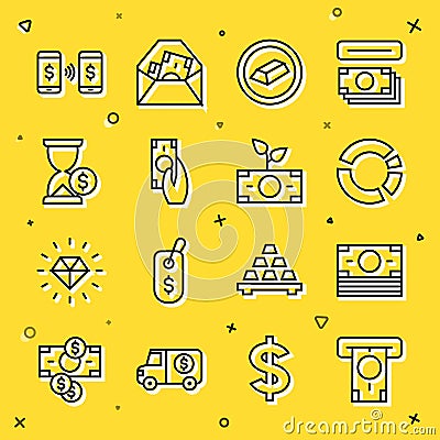 Set line ATM and money, Stacks paper cash, Pie chart infographic, Gold bars, Fast payments, Hourglass with dollar, Money Vector Illustration