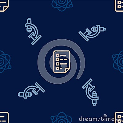 Set line Atom, Microscope and Clipboard with checklist on seamless pattern. Vector Vector Illustration