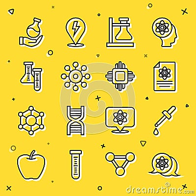 Set line Atom, Pipette, Chemistry report, Test tube flask on stand, Virus, and Processor CPU icon. Vector Vector Illustration