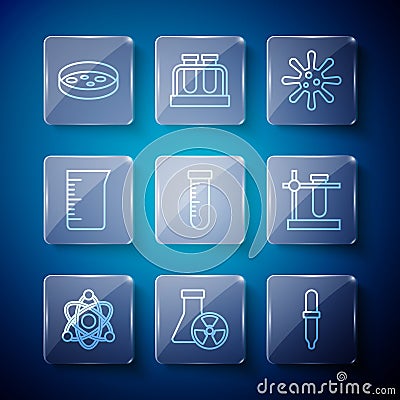 Set line Atom, Test tube radiation, Pipette, Bacteria, and flask, Laboratory glassware or beaker, Petri dish with Vector Illustration