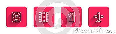 Set line Attitude indicator, Airport runway, Passport with ticket and Plane with long shadow. Red square button. Vector Vector Illustration