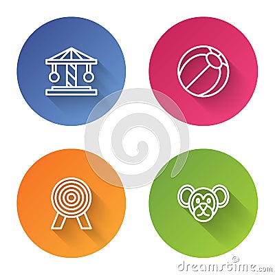 Set line Attraction carousel, Beach ball, Target and Monkey. Color circle button. Vector Vector Illustration