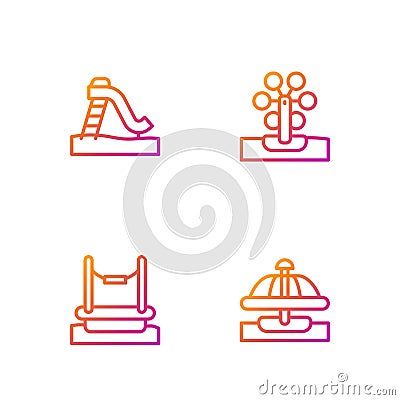 Set line Attraction carousel, Bungee, Kid slide and Ferris wheel. Gradient color icons. Vector Stock Photo