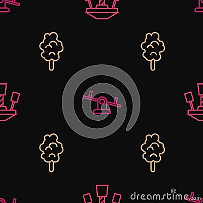 Set line Attraction carousel, Cotton candy and Seesaw on seamless pattern. Vector Stock Photo