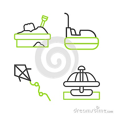 Set line Attraction carousel, Kite, Bumper and Sandbox with sand icon. Vector Vector Illustration