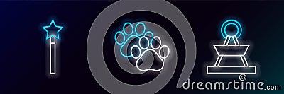Set line Attraction carousel, Magic wand and Paw print icon. Glowing neon. Vector Stock Photo