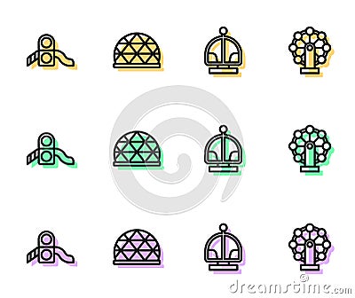 Set line Attraction carousel, Slide playground, Playground climbing equipment and Ferris wheel icon. Vector Vector Illustration
