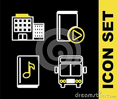 Set line Audio book, Bus, and Hotel building icon. Vector Vector Illustration