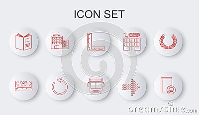 Set line Audio book, Measuring height and length, Folding ruler, Dots arrow, Open, Hotel building, Refresh and Bus icon Vector Illustration