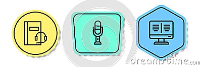 Set line Audio book, Microphone and Online monitor. Colored shapes. Vector Vector Illustration