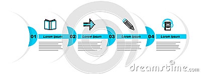 Set line Audio book, Pencil, Dots arrow and Open icon. Vector Stock Photo