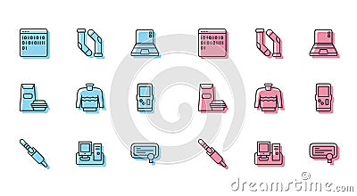 Set line Audio jack, Monitor with keyboard, Binary code, Certificate template, Sweater, Tetris, Burger and Socks icon Vector Illustration