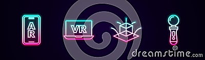Set line Augmented reality AR, Virtual, 3d modeling and VR controller game. Glowing neon icon. Vector Vector Illustration