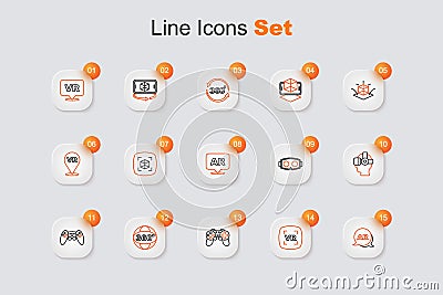 Set line Augmented reality AR, Virtual, Gamepad, 360 degree view, glasses, and icon. Vector Vector Illustration