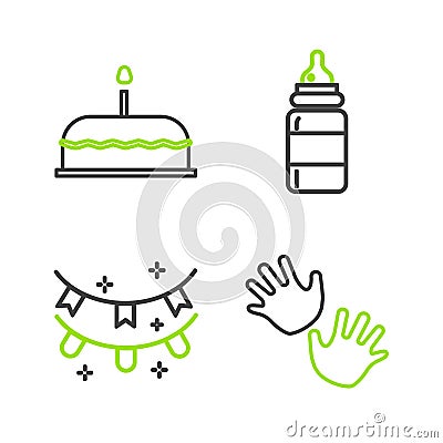 Set line Baby hands print, Carnival garland with flags, bottle and Cake burning candles icon. Vector Vector Illustration