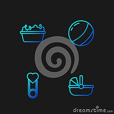 Set line Baby stroller, clothes pin, bathtub and Beach ball. Gradient color icons. Vector Vector Illustration