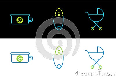 Set line Baby stroller, potty and Classic steel safety pin icon. Vector Stock Photo