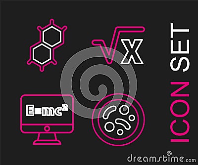 Set line Bacteria, Equation solution, Square root of x glyph and Chemical formula icon. Vector Vector Illustration