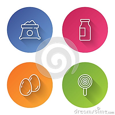 Set line Bag of flour, Bottle with milk, Easter eggs and Lollipop. Color circle button. Vector Vector Illustration