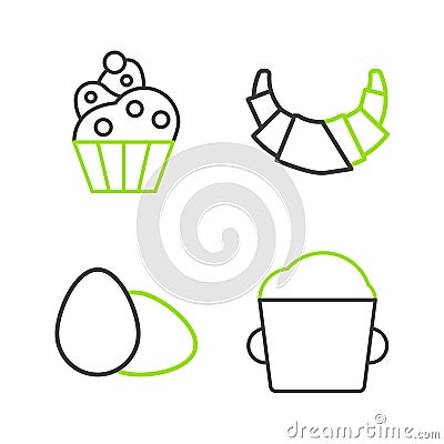 Set line Bakery bowl dough, Chicken egg, Croissant and Cupcake icon. Vector Stock Photo