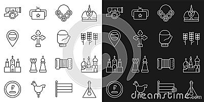 Set line Balalaika, Saint Basil's Cathedral, Wheat, Russian bagels, Christian cross, Location, Cannon and Christmas Vector Illustration