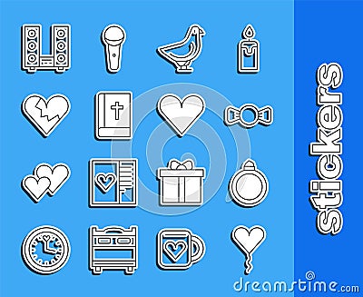 Set line Balloon in form of heart, Diamond engagement ring, Bow tie, Dove, Holy bible book, Broken divorce, Home stereo Vector Illustration