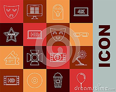 Set line Balloon with ribbon, Funny and scary ghost mask, Laptop screen HD video technology, Hollywood walk of fame star Vector Illustration