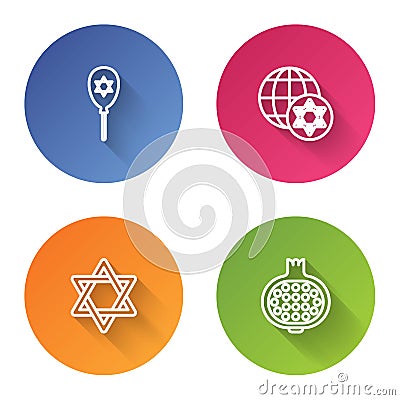 Set line Balloon with star of david, World Globe and Israel, Star David and Pomegranate. Color circle button. Vector Vector Illustration