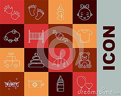 Set line Balloons in form of heart, Teddy bear plush toy, Baby onesie, bottle, crib cradle bed, Rattle baby, hands print Vector Illustration