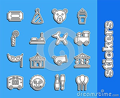 Set line Balloons with ribbon, Attraction carousel, Toy train, Bear head, Bumper, Birthday party horn, Circus ticket and Vector Illustration