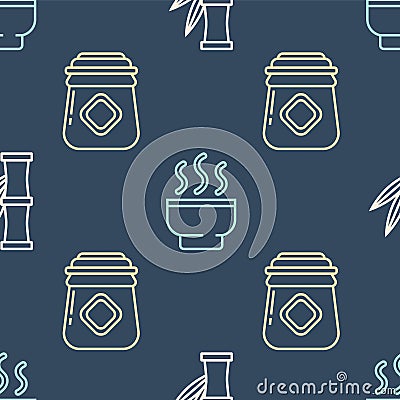 Set line Bamboo, Jar of honey and Chinese tea ceremony on seamless pattern. Vector Vector Illustration