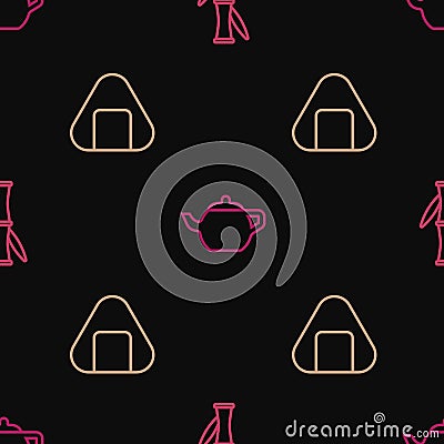 Set line Bamboo, Sushi and Chinese tea ceremony on seamless pattern. Vector Vector Illustration