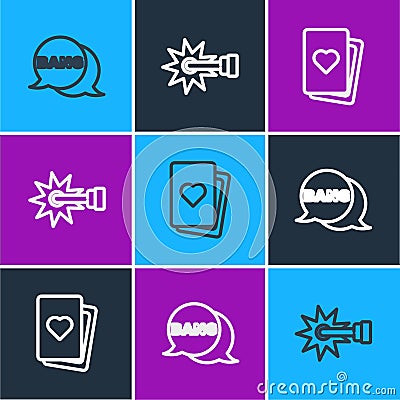 Set line Bang boom, gun Comic, Deck of playing cards and Spur icon. Vector Vector Illustration