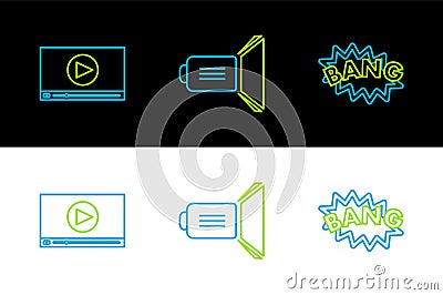Set line Bang boom text speech bubble balloon, Online play video and Movie spotlight icon. Vector Vector Illustration