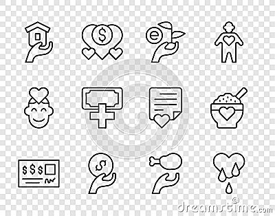 Set line Bank check, Blood donation, Leaf in hand, Donation charity, Shelter for homeless, food and icon. Vector Vector Illustration