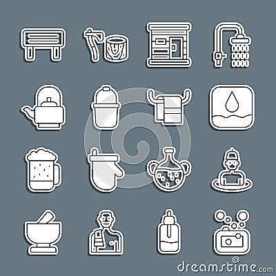 Set line Bar of soap, Man in the sauna, Water drop, Sauna wooden bathhouse, bucket, Kettle with handle, bench and Towel Stock Photo