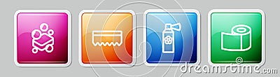 Set line Bar of soap, Sponge, Air freshener spray bottle and Toilet paper roll. Colorful square button. Vector Vector Illustration