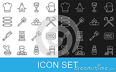 Set line Barbecue grill, BBQ skewers, Wine glass, Burning match with fire, Sausage, Chef hat and Campfire icon. Vector Vector Illustration