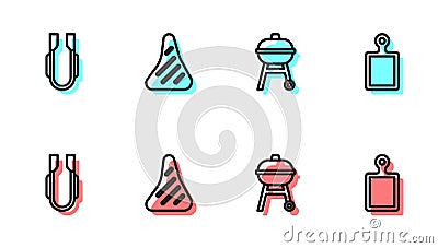 Set line Barbecue grill, Meat tongs, Steak meat and Cutting board icon. Vector Vector Illustration