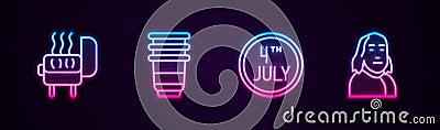 Set line Barbecue grill, Paper glass, Calendar with date July 4 and Benjamin Franklin. Glowing neon icon. Vector Vector Illustration