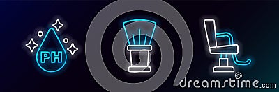 Set line Barbershop chair, Oil for care treatment and Shaving brush icon. Glowing neon. Vector Stock Photo