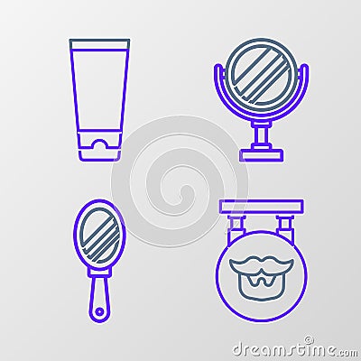 Set line Barbershop, Hand mirror, Round makeup and Cream lotion cosmetic tube icon. Vector Stock Photo