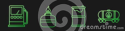 Set line Barrel oil leak, Petrol or gas station, Alcohol or spirit burner and Oil railway cistern. Gradient color icons Vector Illustration