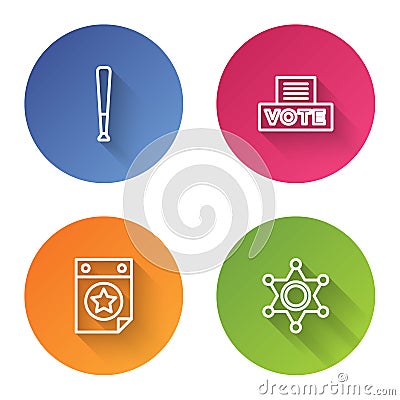 Set line Baseball bat, Vote box, Calendar with date July 4 and Hexagram sheriff. Color circle button. Vector Stock Photo