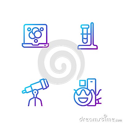 Set line Basic geometric shapes, Telescope, Chemical formula and Test tube flask on stand. Gradient color icons. Vector Stock Photo