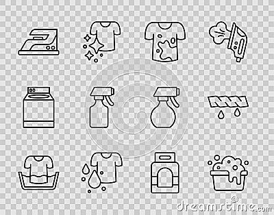 Set line Basin with shirt, soap suds, Dirty t-shirt, Electric iron, Water spray bottle, Laundry detergent and Squeeze Vector Illustration